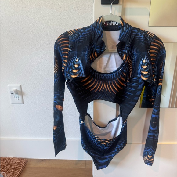 Badinka Tops - Badinka Cutout Bodysuit & Matching Bolero Set - Blue/Orange Futuristic Print -